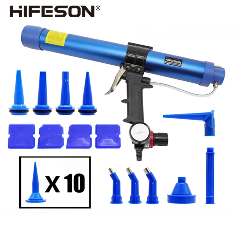 HIFESON Pneumatic Sealant Gun 310ml 600ml Air Valve Silicone Sausages Caulking Tool Nozzle Glass Rubber Grout Construction