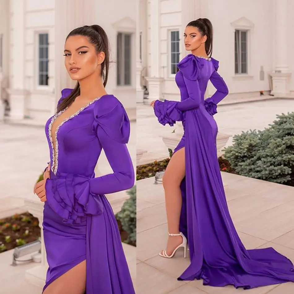 Gothic Purple Evening Dresses Deep V Neck Long Sleeve Mermaid Prom Gowns Thigh Split Satin Formal Party Dress