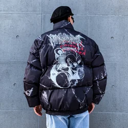 Chaqueta de plumón con estampado de oso de dibujos animados para hombre, Parka informal de moda, ropa de calle gruesa acolchada, chaquetas de gran tamaño, abrigo cálido, prendas de vestir de invierno