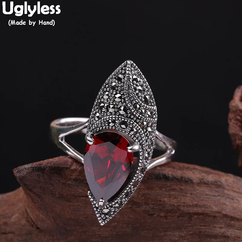 Uglyless Asymmetrical Designer Oval Marcasite Wide Open Rings for Women Garnet Water Drop Ring 925 Thai Silver Jewelry Gems R867