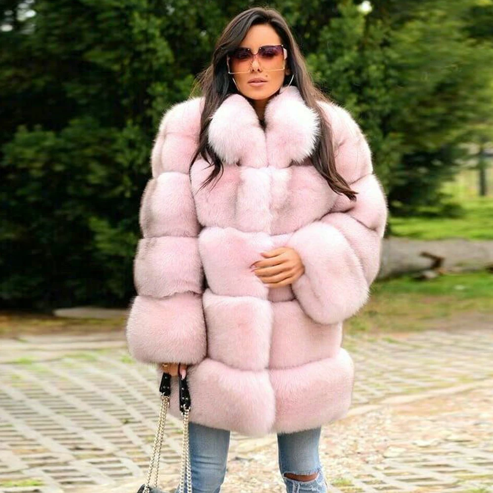 Light Pink Real Fox Fur Jacket Medium Length Natural Women Genuine Fox Fur Coat Stand Collar Woman Winter Fur Overcoat Trendy