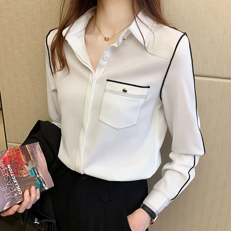 Fashion Bright Line Button Pockets Shirt Office Lady Elegant Chic All-match Shirts Solid Long Sleeve Lapel Casual Women\'s Blouse