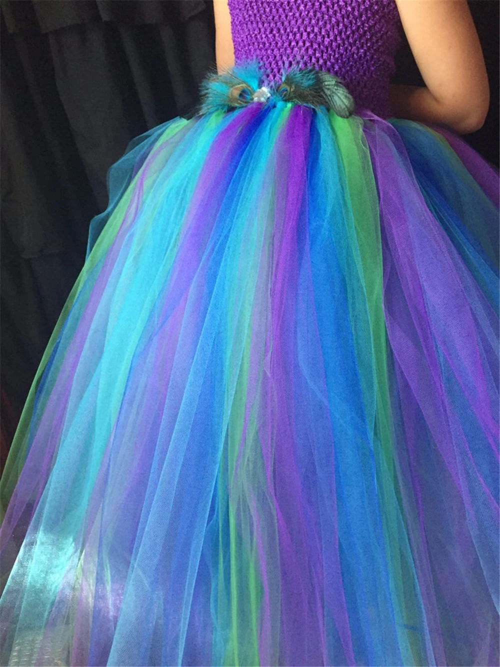 Beautiful Girls Peacock Feather Tutu Dress Kids Crochet Dress Long Ball Gown with Straps Children Birthday Party Costume Dresses