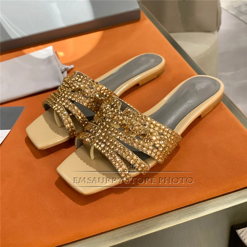 Kwadratowe klapki z wystającym palcem letnie prawdziwe skórzane na płaskim obcasie Slip-on znosić slajdy diamentowe kapcie Rhinestone kobiet