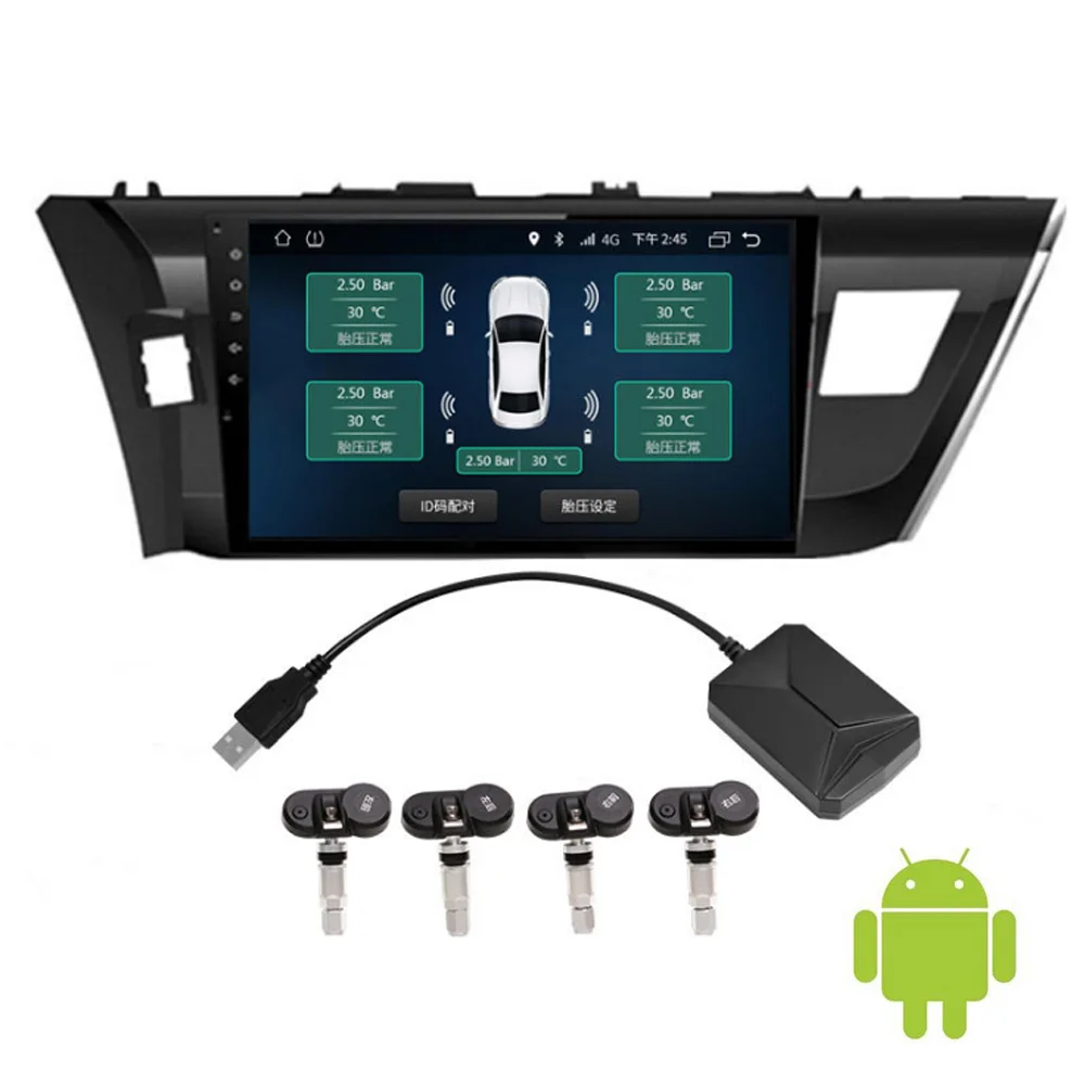 

USB Android TPMS Car Tire Pressure Monitor with 4 External Sensors Monitoring Alarm System 5V Wireless