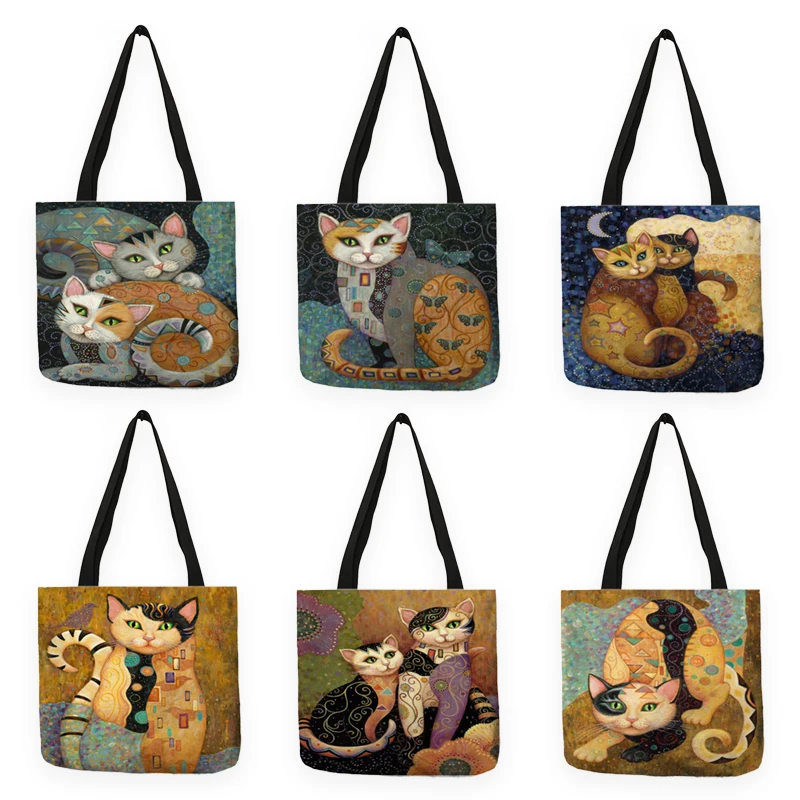 B13070 Abstract Religion Cat Print Casual Tote Cartoon Printing Women Handbag Reusable Shopper Bags