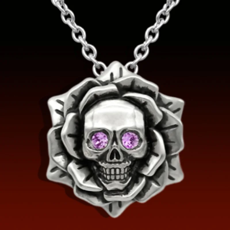 Unique Gothic Rose Girl Fashion Income Necklace Skull Rose Pendant Shiny Purple Natural Crystal Skull Pendant Gifts for Girls