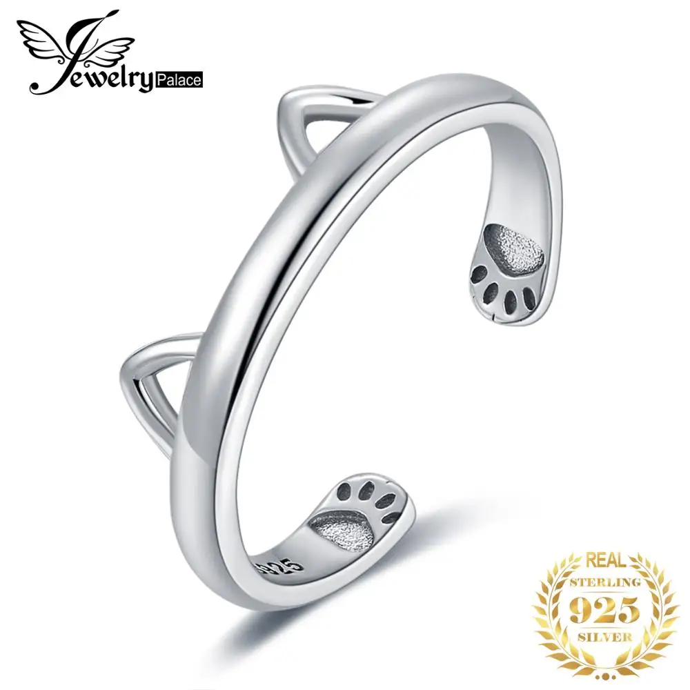 JewelryPalace Cat Ring Ear Paw 925 Sterling Silver Ring Open Adjustable Cuff Band Rings for Women