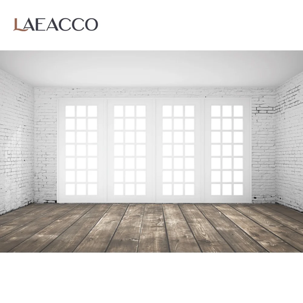 

Laeacco Gray Brick Wall Empty Room Window Old Planks Wood Floor Interior Photographic Background Photo Backdrop For Photo Studio