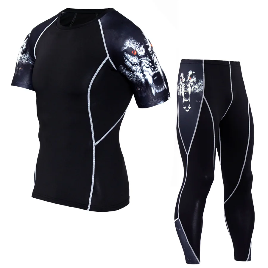 Compression Men Sports Quick Dry Running Suits T Shirt Pants Sets MMA Jogging Clothes Gym Sportswear Training Fitness Tracksuit