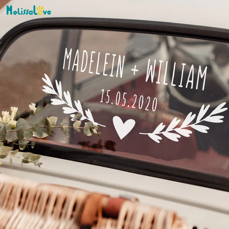 Gałęzie z sercem ślub samochód naklejki personalizowane nazwa data wesele znak witamy wymienne naklejki winylowe BA364