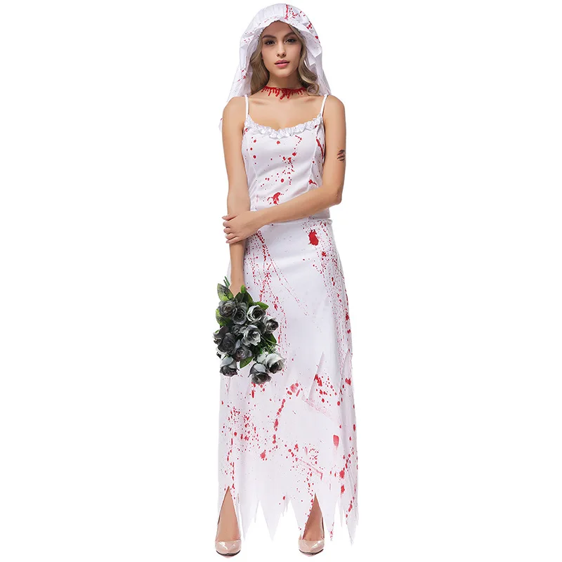 Scary Bloody White Women Corpse Bride Cosplay Female Halloween Zombie Walking Dead Costumes Carnival Purim Role Play Party Dress