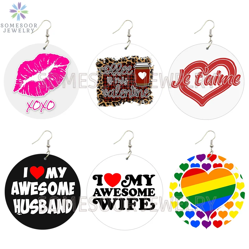 SOMESOOR Love My Awesome Husband Wife Valentine Wooden Drop Eariings Jetaime Heart Printed Round Pendant Dangle For Women Gifts