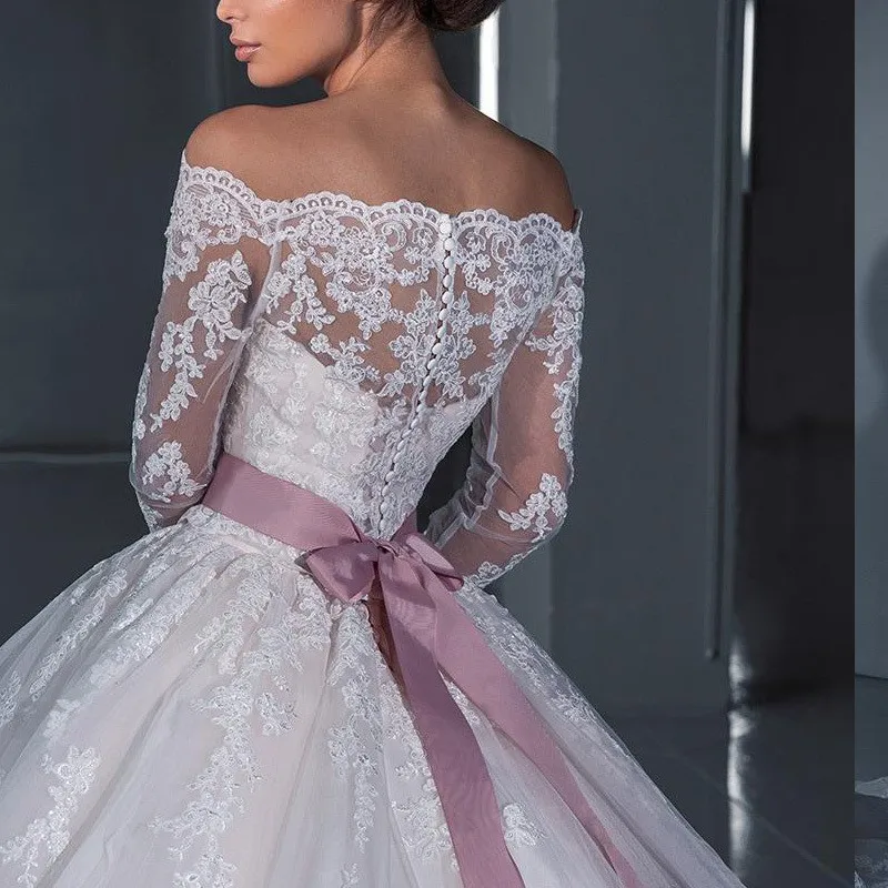 Elegant Boat Neckline Embroidered Lace Wedding Dress Sashes with Bow Off Shoulder Ball Gown Wedding Dresses