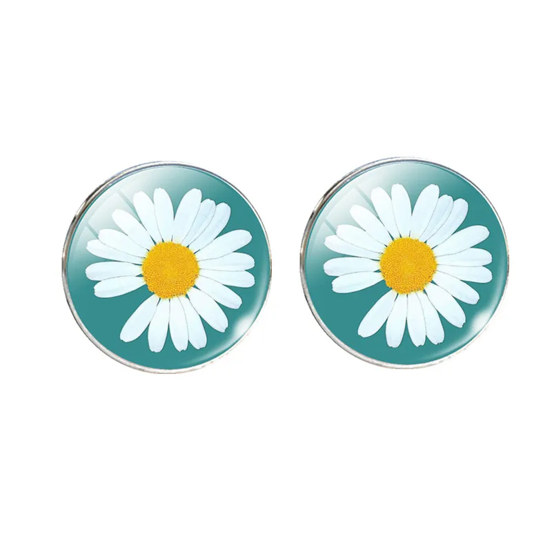 Daisy Pattern Stud Earrings Glass Cabochon Cute Flower Love Hope Princess Letters Earrings Fashion Women Gift