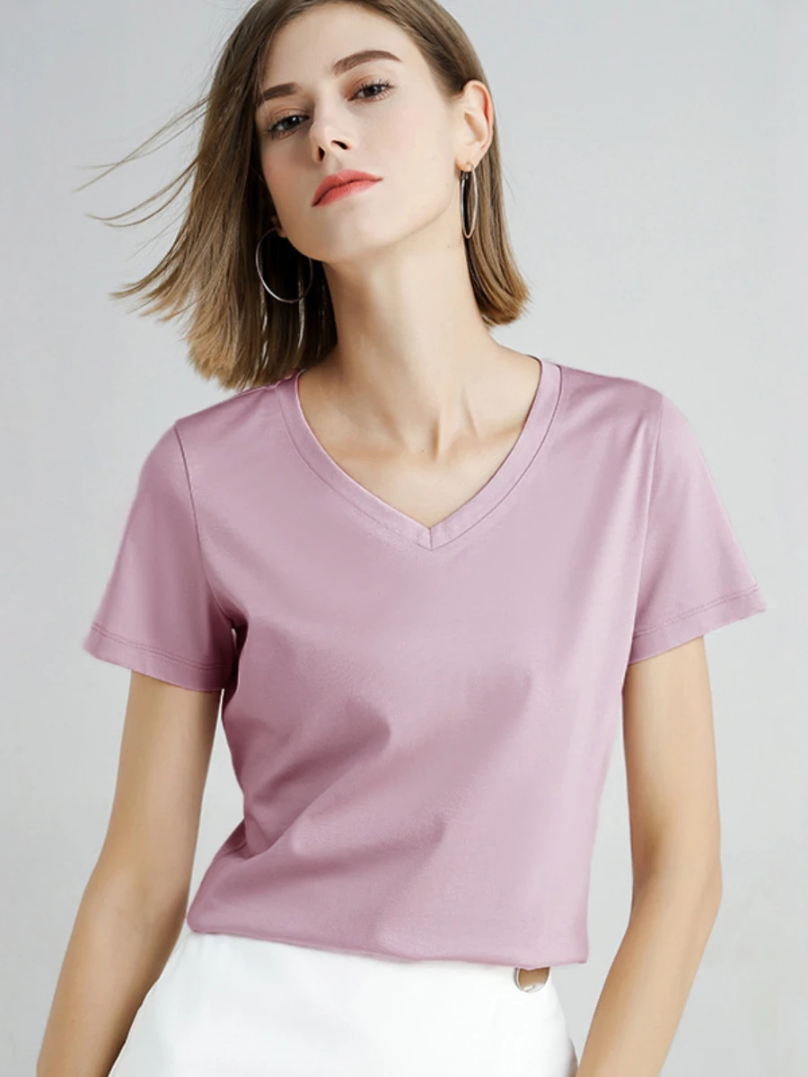 T-shirt Femme Été 2026 Col V Manches Courtes Coton Décontracté Uni Haut Ample Basique