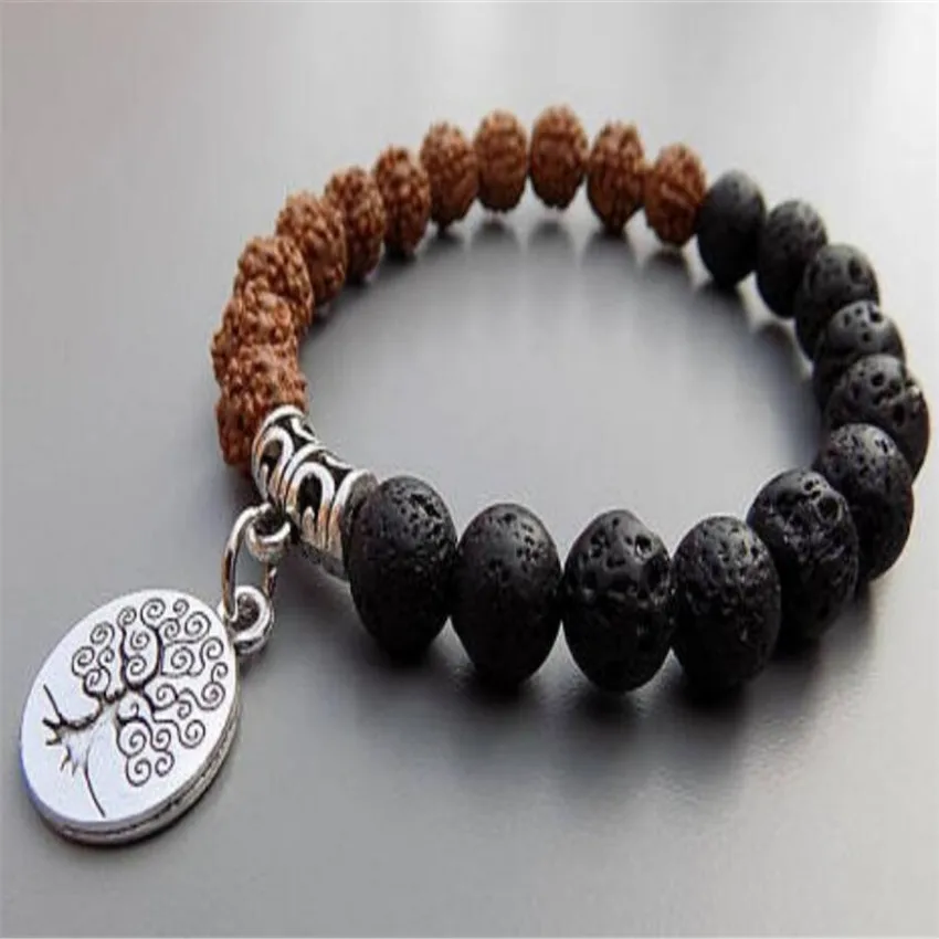 8mm Rudraksha Lavas Mala Bracelets Tree Pendant Buddhism Stretchy Sutra Yoga Pray Tibet silver Stretchy Mala Unisex Reiki Prayer