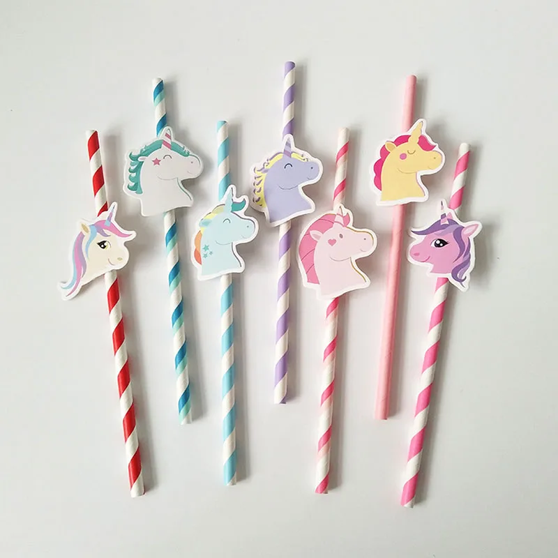 10Pcs/Lot Seven Unicorn Disposable Paper Straws Striped Cartoon Birthday Decoration Theme Festival Drinking Straws Xmas New DIY