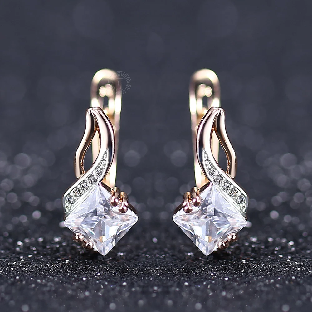 Davieslee Round Clear CZ Dangle Earrings for Women Cubic Zirconia 585 White Rose Gold Color DGE104