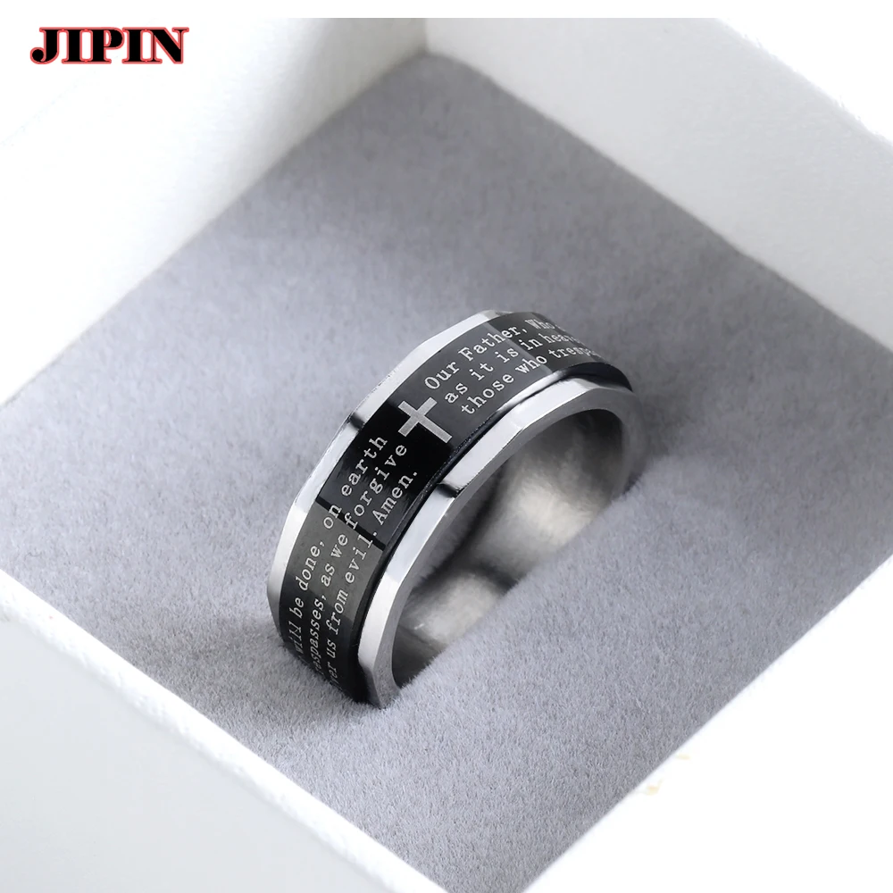 

Rotatable Men's Ring Stainless Steel Silver Color Jesus Cross Ring Letter Bible Prayer Finger Rings For Men 8Mm Amulet Jewelry