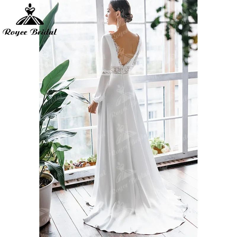 Boho uma linha praia manga longa puff renda chiffon sem costas bohemia decote em v vestido de casamento elegante vestido de noiva customzied 2025