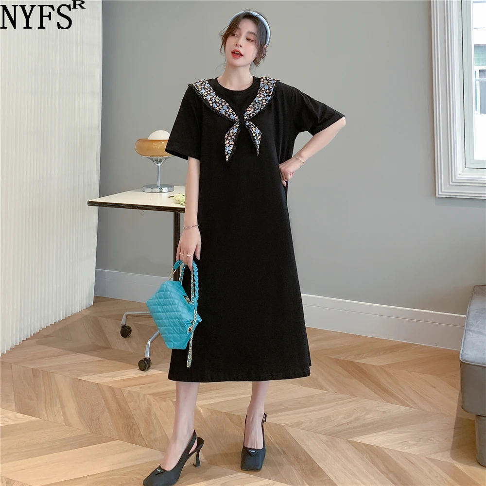 NYFS 2024 New Summer Dress Korea Woman Dress Vestidos Robe Elbise Short Sleeve Tie Cotton Long Dress