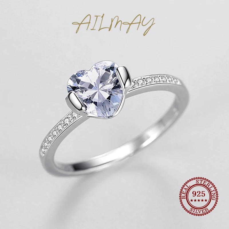 Ailmay-Anillo de Plata de Ley 925 para mujer, deslumbrante corazón brillante, CZ, compromiso de boda, joyería femenina fina