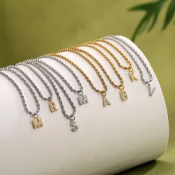 18K Gold Plated Brass Personalized 26 Letters Pendant CZ Necklace Twist Chain Initial Alphabet Pendant Gift