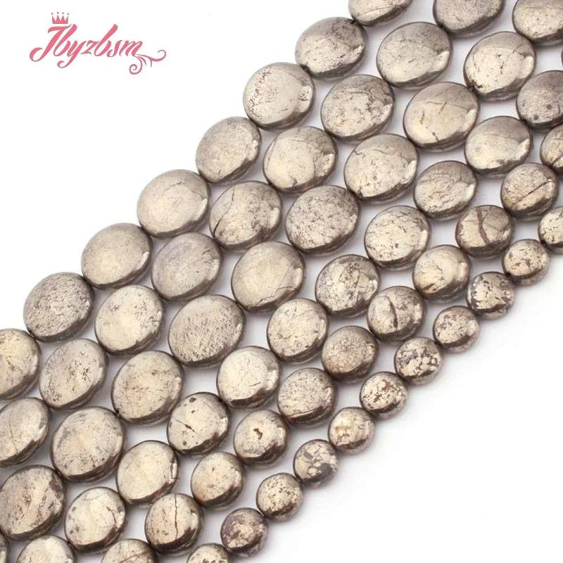 8.10.12mm Natural Coin Pyrite Smooth Loose Beads Natural Stone Beads for DIY Women Necklace Bracelet Jewelry Making Strand 15\