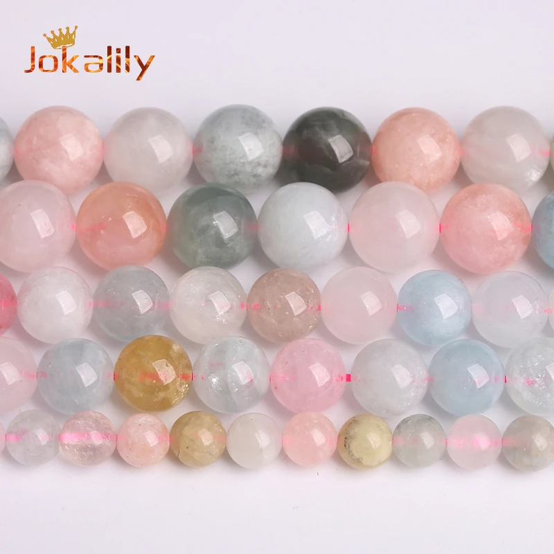 Natural Morganite Gemstone Beads Colorful Stone Round Loose Spacer Beads for Jewelry Making DIY Bracelet 4 6 8 10 12mm 15