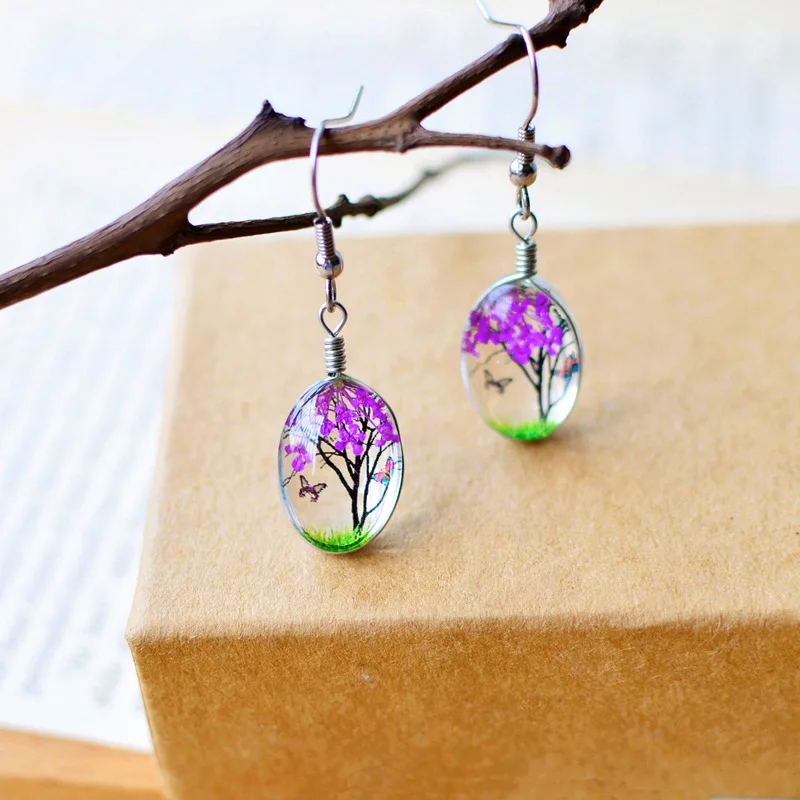 New Fashion DIY Dry Flower Life Tree Butterfly Hang Earrings for Women Girls Fresh Elegant Jewelry