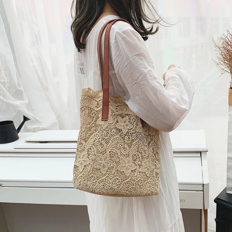 Sweet Lace Hollow Out Handbags Shoulder Bags Women Popular School Bags Summer Beach Casual Totes Bags Camel White