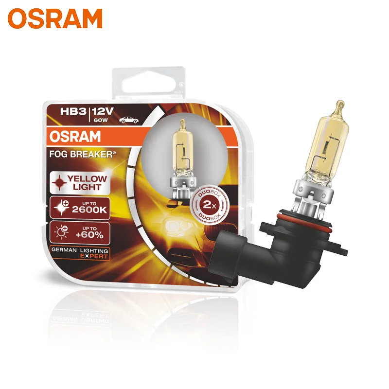 OSRAM HB3 9005 Yellow 9005FBR Halogen Fog Breaker 12V 60W Car Original Headlight 2600K Light +60% Brighter Genuine Lamps, Pair