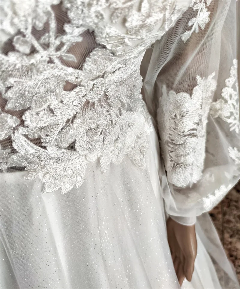 Robe de mariée romantique à manches longues, col en v, ligne a, dos ouvert, style Boho, rustique