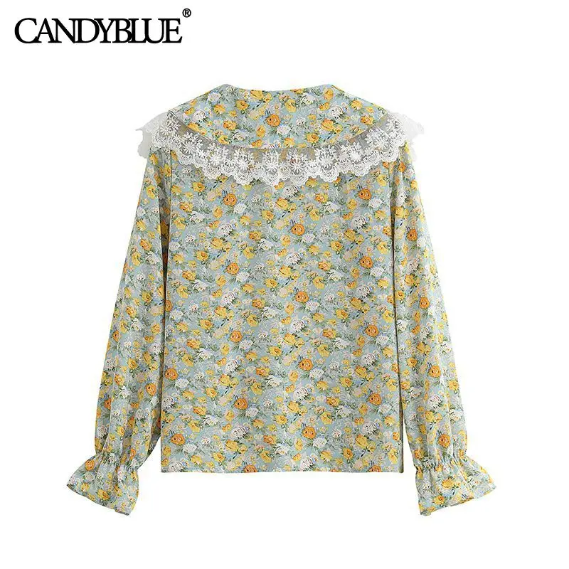 Doll collar casual chiffon shirt 2022 spring new fashion lace border floral print single-breasted trumpet sleeve blouse women