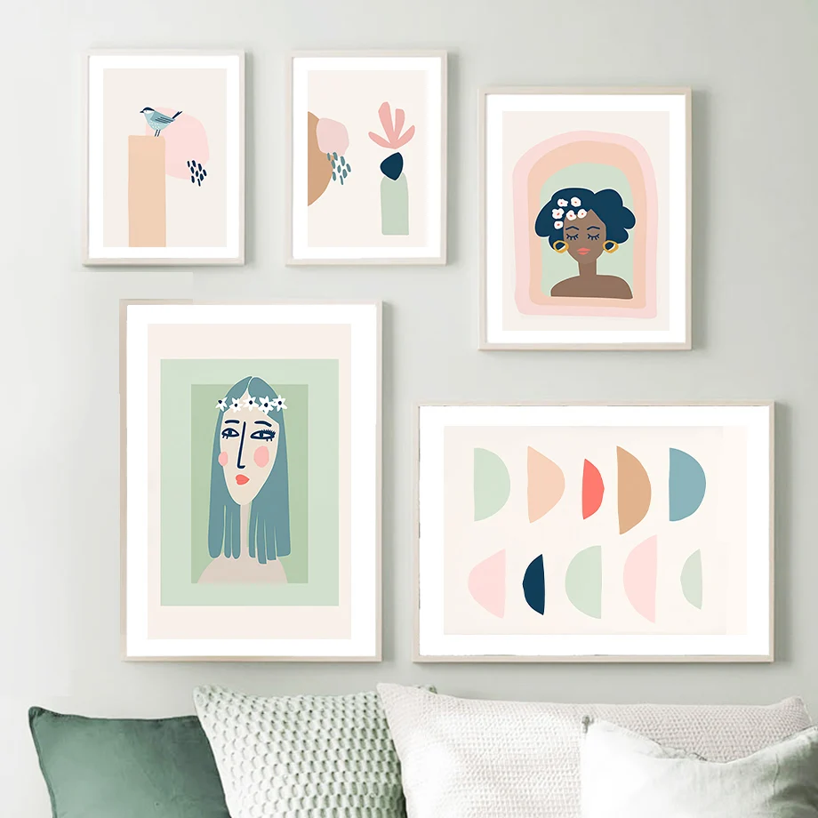 Scandinavian Pastel Museum Color Woman Block Mint Wall Art Canvas Painting Nordic Posters Prints Pictures Living Room Home Decor