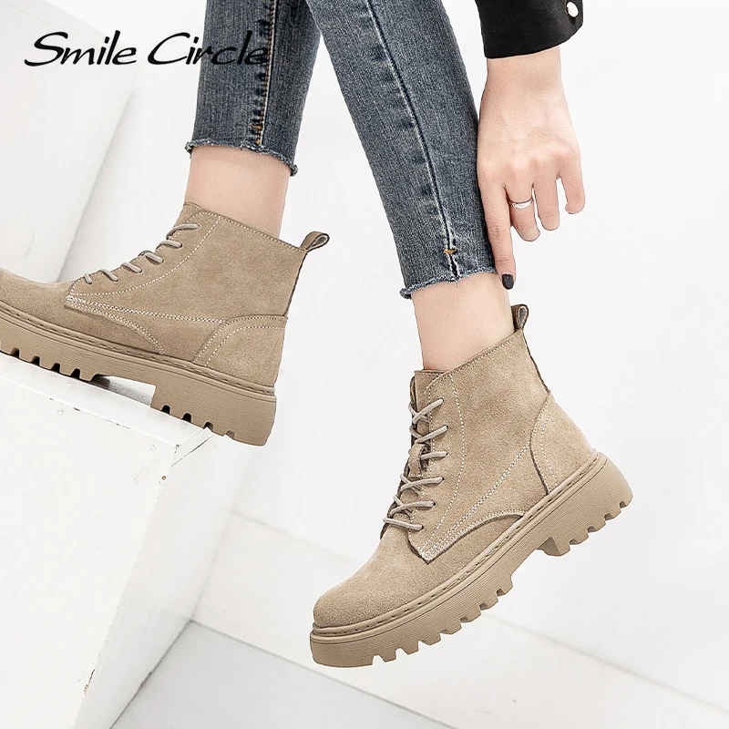 Smile Circle-Botines de piel de ante para mujer, botas cortas con plataforma plana, zapatos a la moda, Otoño e Invierno