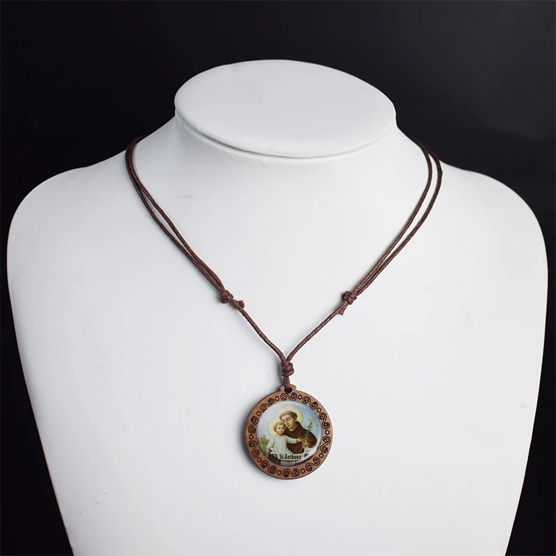 Christian Saint Jewelry St Michael St.therese Glass Cabochon Wooden Pendant Necklace Retro Adjustable Rope Chain Necklaces Gifts