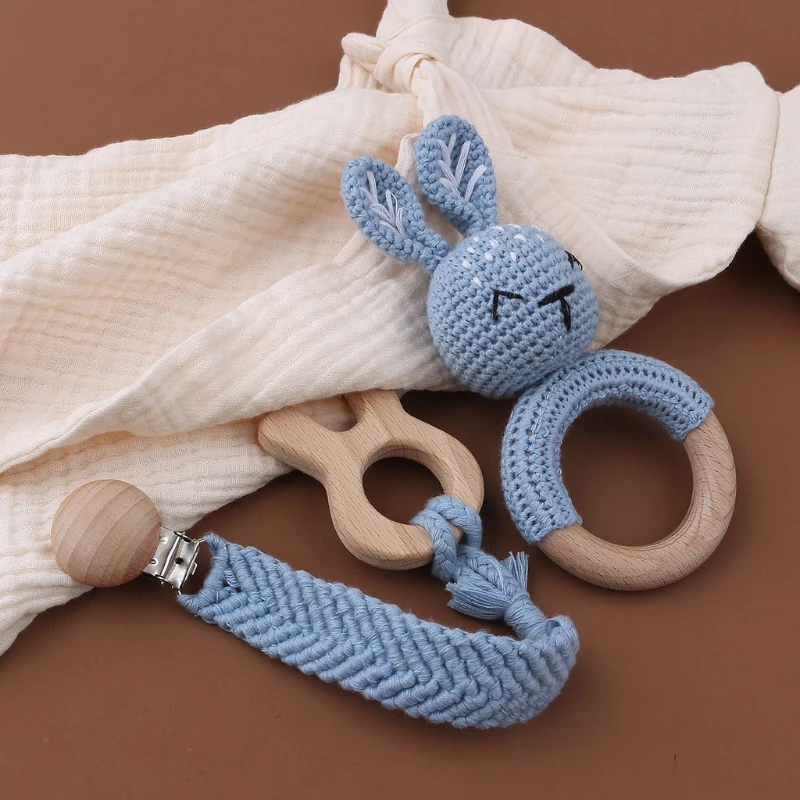 1 Set DIY Crochet Rabbit Baby Teether Newborn Bunny Rattle Toy Wooden Molar Teething Ring Pacifier Clips Chain Set Baby Stuff