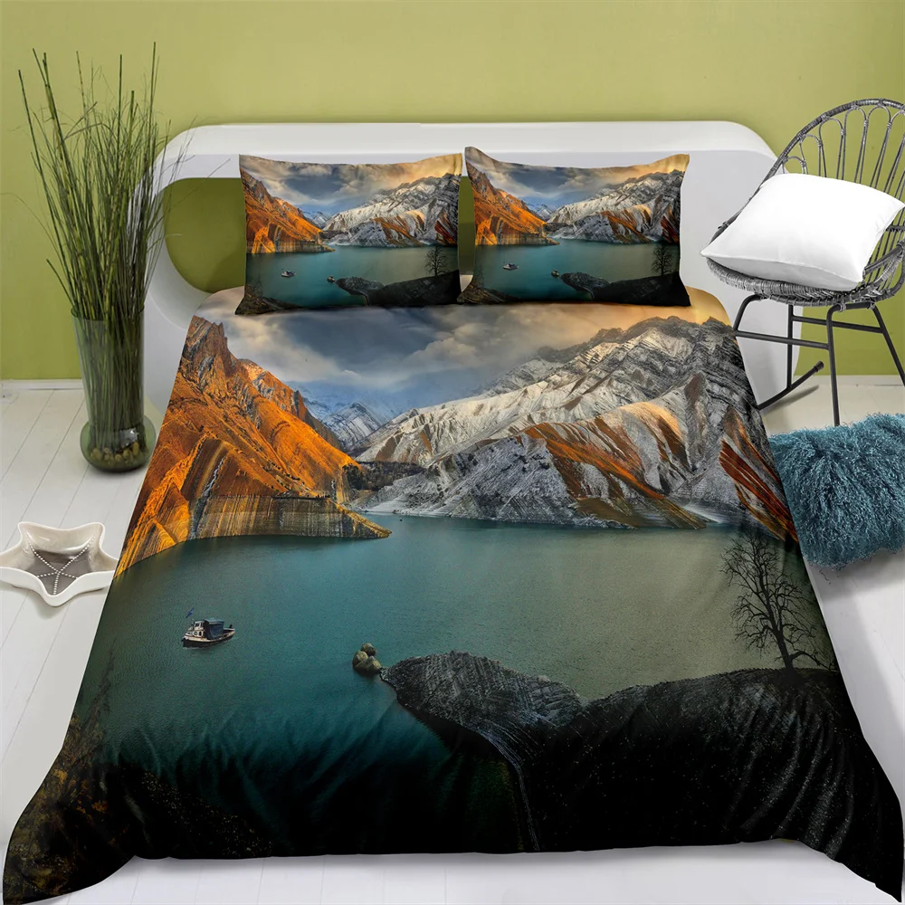 Home Textiles Printed Lake Scenery Bedding Quilt Cover & Pillowcase 2/3PCS US/AE/UE Full Size Queen Bedding Set