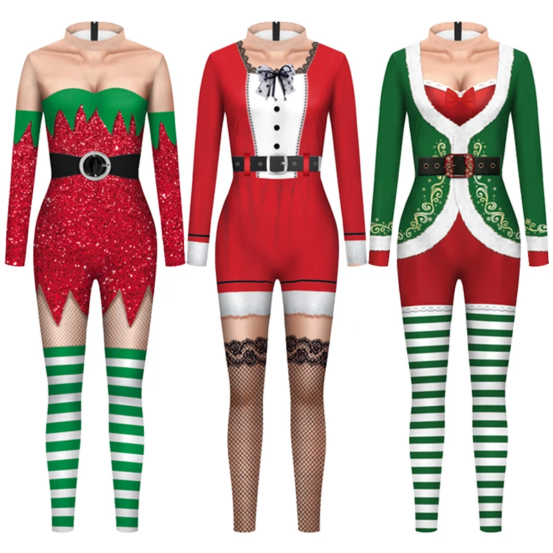 VIP FASHION Christmas Women Cosplay Costumes Funny Dress Legging Print Jumpsuit Sexy Onesie Female Party Outfit Zentai Bodysuit