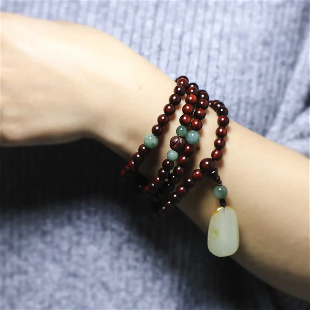 108 Small Leaf Red Sandalwood Multi-circle Beaded Bracelets Hetian Jade Pendant Green Agate Men Women Rosary Sweater Chain