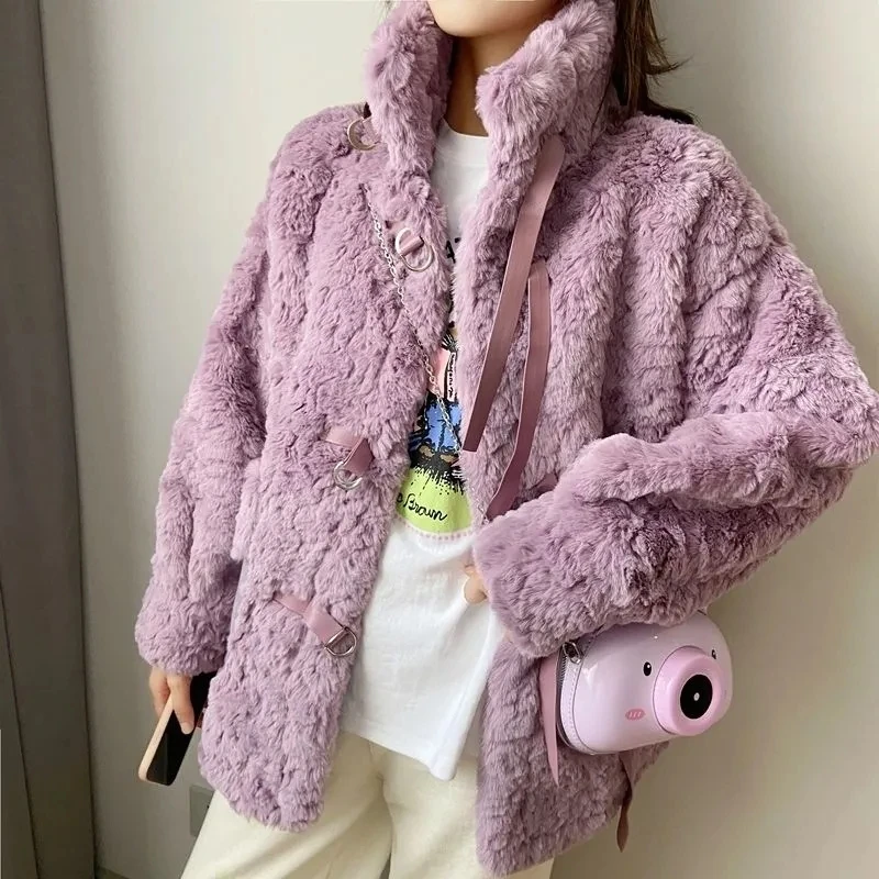 

Faux Rabbit Fur Coat Women Lining Suede Lambswool Autumn Casual Winter Warm Plush Jacket Female Luxury Loose Motorcycle Coats