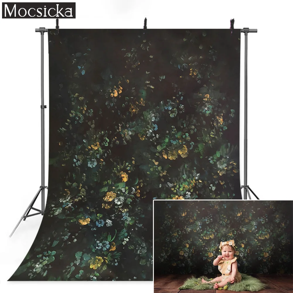 녹색 어두운 정글 나뭇잎 초상화 사진 배경 노란색 꽃 유화 생일 배경 웨딩 포토콜 소품