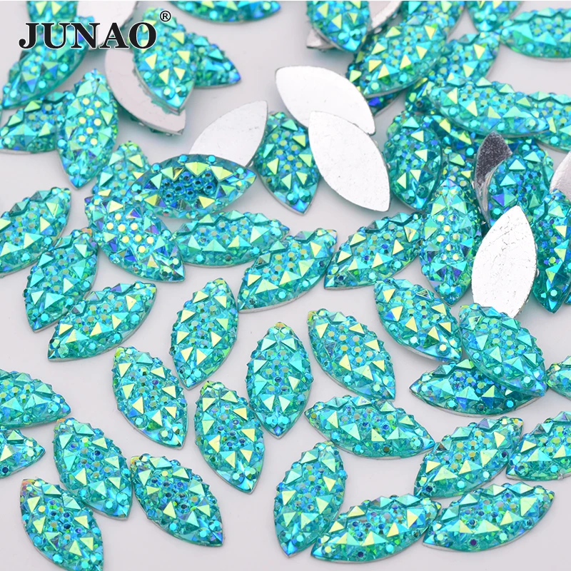 JUNAO 100Pcs 7*15mm Aquamarine AB Resin Rhinestones Sticker Flat Back Crystal Stone Applique Non Sewn Diamond For Crafts