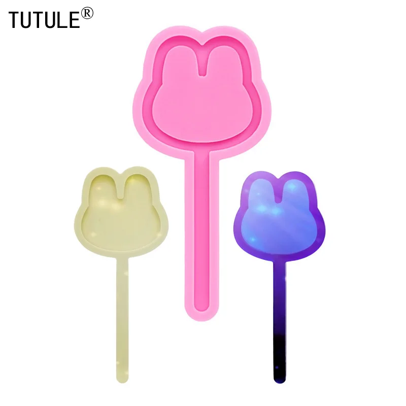 1-4 pcs Shiny Cartoon rabbit head lollipop Wand silicone mold Made Handmade Polymer Clay Resin wand  keychain silicone mold