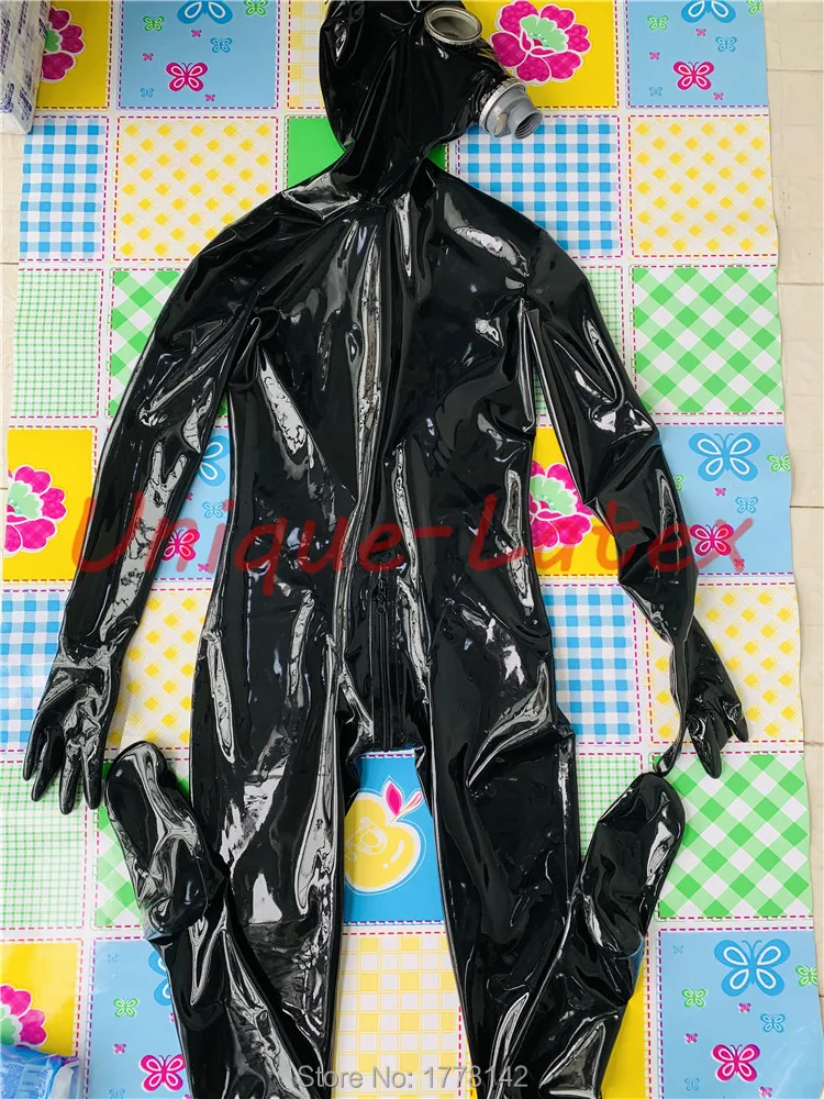 MEN LATEX CATSUIT FULL COVER LATEX UNITARD WITH GAS MASK BACK ZIP AND CROTCH ZIP