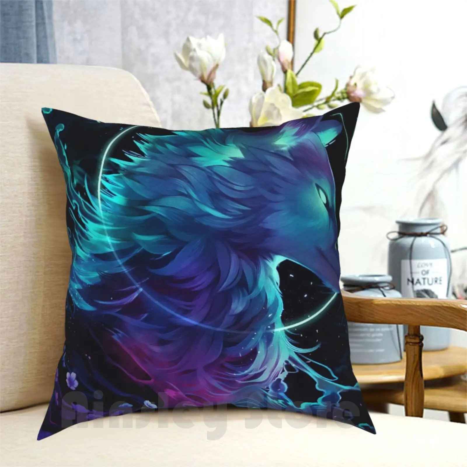 Ether Pillow Case Printed Home Soft DIY Pillow cover Clockbirds Wolf Dog Canine Moon Mist Flowers Night Dark Blue Purple