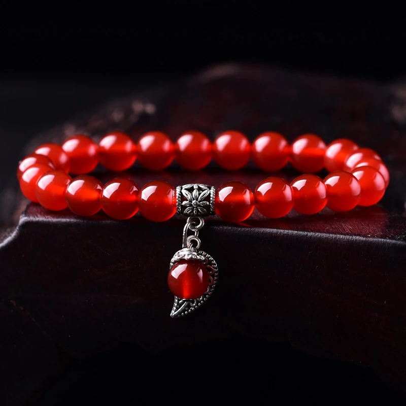 Red Crystal Charm Bracelets Round 8mm Beads Pray Tibetan Silver Leaf Pendant For Wowen Crystal Bracelet Jewelry Wholesale