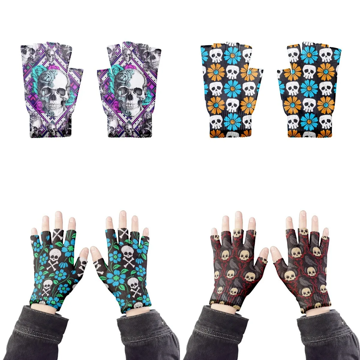 Guantes personalizados con estampado de calavera para hombre y mujer, protectores de manos de medio dedo para montar, a prueba de viento, sin dedos,